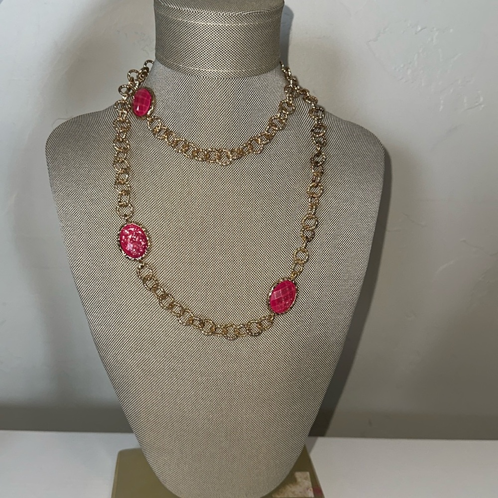 Charming Charlie Gold Tone Chain Link Fashion‎ Necklace Pink Sparkle Stone 34”
